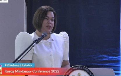 <p><strong>MINDANAO PEACE.</strong> Vice President Sara Z. Duterte believes it's “peace harvest” season in Mindanao as she addresses participants of the Kusog Mindanaw Conference 2022 Friday (Nov. 11, 2022).  She said Mindanao had been considerably quiet for quite a time following peace efforts initiated then by past administrations.  <em>(Screengrab photo)</em></p>