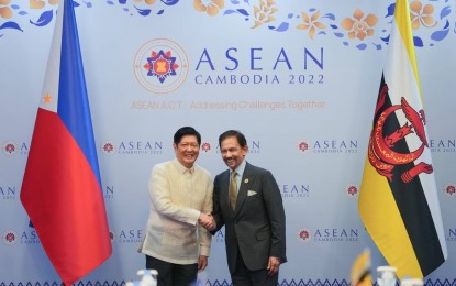 <p><strong>BILATERAL MEET</strong>.  President Ferdinand R. Marcos Jr. and His Majesty Haji Hassanal Bolkiah, Sultan of Brunei Darussalam hold a bilateral meeting Saturday (Nov. 12, 2022) during the sidelines of the 40th and 41st ASEAN Summit and Related Summits in Phnom Penh, Cambodia.  Marcos cited Brunei's role in keeping peace in Mindanao. <em>(Malacanang Photo)</em></p>
