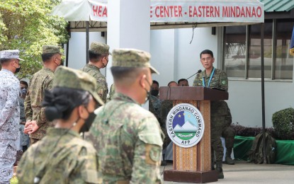 <p><strong>TALK WITH TROOPS.</strong> Lt. Gen. Bartolome Vicente Bacarro, Armed Forces of the Philippines Chief of Staff, addresses the Eastern Mindanao Command at Naval Station Felix Apolinario headquarters in Panacan, Davao City on Saturday (Nov. 12, 2022). He recognized the contributions of Eastmincom in the peace process. <em>(Courtesy of EastMinCom Facebook)</em></p>