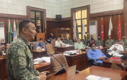 <p><strong>FOR GOOD.</strong> The 4th Marine Brigade led by BGen. Vicente Mark Anthony Blanco pays a courtesy visit to members of the Ilocos Norte provincial board during their regular session at the Capitol Session Hall on Monday (Nov. 14, 2022). He said the Marines' deployment to northern Luzon is permanent. <em>(Photo by Leilanie Adriano)</em></p>