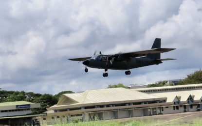 <p><strong>'OLD BUT GOLD'.</strong> A Norman-Britten Islander of the Philippine Navy takes off from an airbase in Puerto Princesa City, Palawan during the ongoing 'DAGIT-PA' exercises on Nov. 11, 2022. The PN has around four to six Islander aircraft in its inventory and is being used by Wescom in the conduct of maritime domain awareness activities in its area of responsibility. <em>(Photo courtesy of Wescom)</em></p>