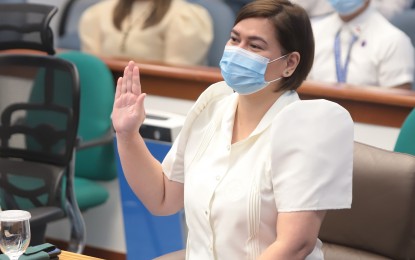 <p><strong>UNDER OATH.</strong> Vice President Sara Duterte attends the Senate budget deliberation on Monday (Nov. 14, 2022). The Office of the Vice President is proposing a budget of PHP2.3 billion for next year while the Department of Education, where Duterte is the concurrent Secretary, submitted PHP678.1 billion for approval. <em>(Courtesy of Senate PRIB)</em></p>