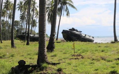 <p><strong>AMPHIBIOUS OPERATIONS.</strong> Two amphibious assault vehicles hold an amphibious assault operation in Barangay Samariñana, Brooke's Point, Palawan as part of the "DAGIT-PA" exercises on Nov. 14, 2022. AFP chief Lt. Gen. Bartolome Vicente Bacarro said having the capability to conduct amphibious operations would allow personnel of the Armed Forces of the Philippines greater mobility and flexibility. <em>(Photo courtesy of Wescom)</em></p>