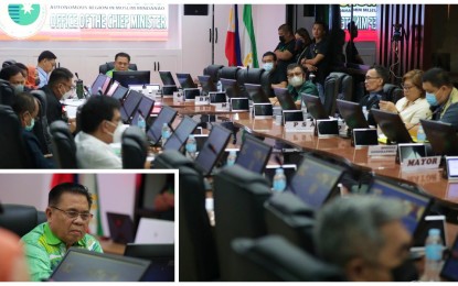 <p><strong>RECOVERY PLAN.</strong> Bangsamoro Autonomous Region in Muslim Mindanao Chief Minister Ahod Balawag Ebrahim (top center) presides over a recent meeting by the Bangsamoro Disaster Risk Reduction and Management Council in preparation for the launching of an early recovery plan from the devastation wrought by Severe Tropical Storm Paeng.  Ebrahim (inset) says Wednesday (Nov. 16, 2022) that the recovery plan will be launched later this week.<em> (Photos courtesy of Bangsamoro Information Office-BARMM)</em></p>