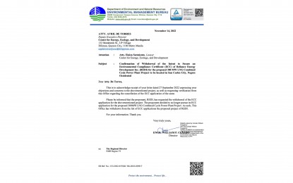 <p><strong>LETTER</strong>. A copy of the letter dated Nov. 14, 2022 received by Center for Energy, Ecology and Development deputy executive director Avril de Torres from the Environmental Management Bureau of the Department of Environment and Natural Resources. The Bureau’s Director William Cunado has confirmed that Reliance Energy Development Inc., a wholly-owned subsidiary of SMC Global Power Holdings Corp., has requested the withdrawal of its application for an environmental compliance certificate for the proposed 300-megawatt liquefied natural gas combined cycle power plant project in San Carlos City, Negros Occidental. <em>(Image courtesy of Center for Energy, Ecology and Development)</em></p>