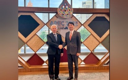 <p><strong>PH-SOKOR TIES. </strong> Philippine Trade Secretary Alfredo Pascual (left), and South Korean Trade Minister Ahn Duk-Geun (right) meet at the sidelines of the Asia Pacific Economic Cooperation Summit in Bangkok, Thailand on Thursday (Nov. 17, 2022). Both ministers vow to conclude the bilateral free trade agreement by first quarter of 2023. <em>(Photo courtesy of DTI) </em></p>