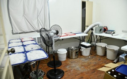 <p><strong>SHABU LAB RAID.</strong> Trays containing suspected shabu and other equipment are found inside a house which was converted into a shabu laboratory in Muntinlupa City on Friday (Nov. 18, 2022). PDEA agents seized PHP149.6 million worth of shabu and chemicals used to make illegal drugs in a raid at the house. <em>(Photo courtesy of PDEA)</em></p>