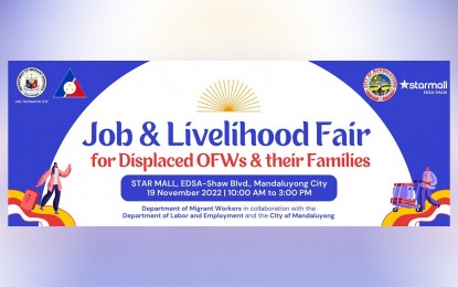 <p><strong>JOB OPPORTUNITIES</strong> The Department of Migrant Workers (DMW) urges displaced overseas Filipino workers to join the special job fair set on Saturday (Nov. 19, 2022). The special job fair offers more than 17,000 international and local job opportunities. <em>(Photo courtesy: DMW)</em></p>