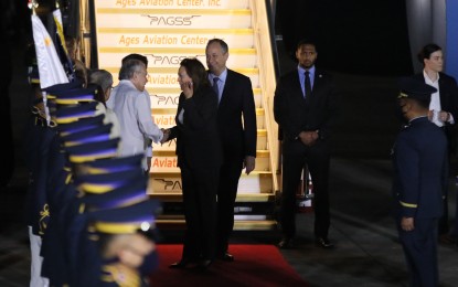 <p><strong>WARM GREETINGS.</strong> Jose Manuel G. Romualdez (left), Philippine Ambassador to the US, greets US Vice President Kamala Harris during the arrival honors at the Ninoy Aquino International Airport in Pasay City on Sunday night (Nov. 20, 2022). Aside from meeting with President Ferdinand R. Marcos Jr. and Vice President Sara Duterte, Harris will also be visiting Palawan on Tuesday. <em>(PNA photo by Avito Dalan)</em></p>