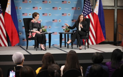 <p><strong>WOMEN EMPOWERMENT</strong>. US Vice President Kamala Harris (right) gives a talk on women empowerment before students and non-government organizations at Sofitel Manila in Pasay City on Monday (Nov. 21, 2022). US Ambassador to the Philippines MaryKay Carlson (left) served as a moderator at the event. <em>(PNA photo by Avito Dalan)</em></p>