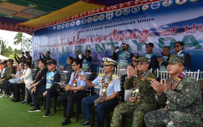 <p><strong>BANTAY DAGAT</strong>. Interior and Local Government Secretary Benjamin Abalos Jr. (4th from right) joins the launching Saturday (Nov.19, 2022) of the Bantay Dagat Task Force-Sulu in Patikul town. In a statement Monday, Abalos says the task force members will conduct maritime security patrol in the territorial waters of Sulu.<em> (Photo courtesy of Western Mindanao Command)</em></p>