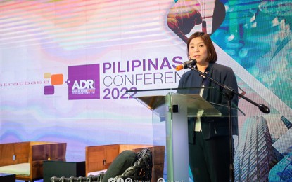 <p><strong>DIGITALIZATION</strong>. Department of Budget and Management (DBM) Secretary Amenah Pangandaman delivers her welcome remarks during the Pilipinas Conference 2022 at the Ayala Museum in Makati City on Monday (Nov. 21, 2022). She said the Philippines should fully embrace digitalization, especially in government processes and business models. <em>(Photo courtesy of DBM)</em></p>