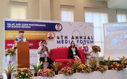 <p><strong>YIELDS.</strong> The Philippine Statistics Authority (PSA) reports on palay and corn production as well as updates on their other programs during the 4th annual media forum on Nov. 18, 2022 in Calasiao town, Pangasinan. The forum tackled statistics in the region, including palay and corn output in the first half. (Photo by Hilda Austria)</p>