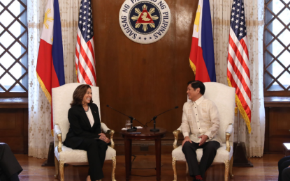 <p><strong>BILATERAL MEETING</strong>. President Ferdinand R. Marcos Jr. (right) and US Vice President Kamala Harris (left) share a light moment before their bilateral meeting at Malacañan Palace on Monday (Nov. 21, 2022). Marcos personally thanked Harris for America's commitment to defend the Philippines against any armed attack in the South China Sea. <em>(PNA photo by Rey Baniquet Dalan)</em></p>