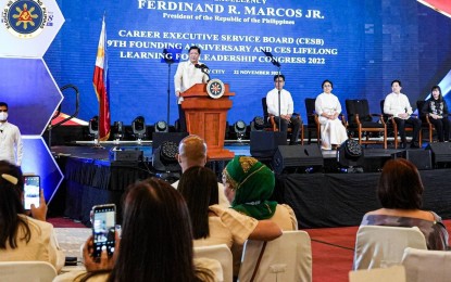 <p><strong>BE VIGILANT</strong>. President Ferdinand R. Marcos Jr. delivers a speech during the 49th Founding Anniversary of the Career Executive Service Board at the Philippine International Convention Center in Pasay City on Tuesday (Nov. 22, 2022). In his speech, Marcos urged career executive service officers to be vigilant against corruption and prioritize the people’s welfare. <em>(Photo courtesy of the Office of the President)</em></p>