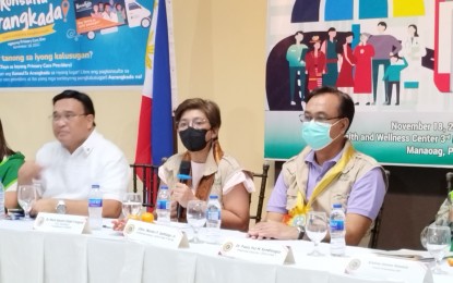 <p><strong>PRIMARY CARE VAN</strong>. Department of Health officer-in-charge Secretary Maria Rosario Vergeire (center) speaks during the launching of the primary care van in Manaoag town, Pangasinan on Nov. 18, 2022. The van offers free X-ray and ECG services. <em>(PNA photo by Hilda Austria)</em></p>