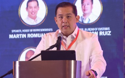 <p><strong>PROSPERITY ROADMAP</strong>. Speaker Martin Romualdez delivers his message during the 2022 Asia CEO Forum at Marriott Hotel in Pasay City on Tuesday (Nov. 22, 2022). Romualdez said the House of Representatives is committed to ensure the fulfillment of the Marcos administration's agenda for prosperity with the passage of necessary legislation. <em>(Photo courtesy of Speaker's office)</em></p>