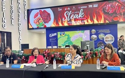 <p><strong>GASTRONOMIC ADVENTURE</strong>. Clark Development Corporation (CDC) president Agnes Devanadera (second from left) leads the official launching of the “Clark Steaksperience" campaign at Clark Freeport, Pampanga Wednesday (Nov. 23, 2022). The move aims to promote the Freeport as a premier destination for culinary tourism. <em>(Photo by Marna del Rosario)</em></p>