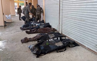 <p><strong>FATALITIES</strong>. Bodies of New People's Army (NPA) leaders lay outside the municipal hall of Las Navas, Northern Samar after a clash in this November 23, 2022 photo. The remaining members of the New People’s Army (NPA) in Eastern Visayas is now “leaderless” and unorganized with the recent deaths, capture, and surrender of its top leaders in the region, an official of the Philippine Army said. <em>(Photo courtesy of Philippine Army)</em></p>