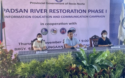 <p>OPEN DIALOGUE. Ilocos Norte Governor Matthew Joseph Manotoc and provincial administrator Yvette Leynes and Mining Engr. Judith Guinyang answer queries from the media during an open dialogue held at the covered court of Barangay Cabungaan South Thursday (Nov. 24, 2022). Phase 1 of the Padsan river restoration project is set to break ground on Dec. 15, 2022. <em>(Photo by Leilanie Adriano)</em></p>