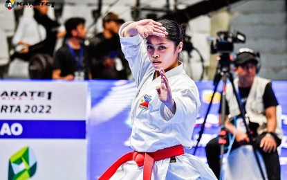 <p><strong>WORLD STAGE</strong>. Rebecca Cyril Torres from the Philippines performs during the female individual Kata event at the World Karate Federation (WKF) Karate 1-Series A in Jakarta, Indonesia on November 19, 2022. Torres reached the semifinals.<em> (Photo courtesy of WKF)</em></p>