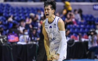 <p style="text-align: left;"><strong>BIG SHOT.</strong> Jerom Lastimosa celebrates after scoring the game-winner for Adamson against National University in the UAAP men’s basketball at the Smart Araneta Coliseum in Quezon City on Saturday (Nov. 26, 2022). The Soaring Falcons defeated the Bulldogs, 64-63, to get a significant advantage in the race for the Final Four’s last seat. <em>(Photo courtesy of UAAP Season 85 Media Team)</em></p>