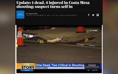 <p><strong>SHOOTING INCIDENT</strong>. The screenshot taken from the website of CBS News shows the title and picture of its report about the Thanksgiving shooting in Southern California, USA, which left one dead and four others injured on Thursday (Nov. 24, 2022). The suspect turned himself in on Friday (Nov. 25, 2022).<em> (Xinhua)</em></p>