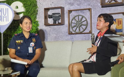 <p><strong>VAWC TALKS.</strong> Maj. Joann Navarro (left), spokesperson of Police Regional Office-10, and Daisy Ramos, Sectoral Unit Head of Department of Social Welfare and Development in Northern Mindanao, discuss cases on Violence Against Women and Children on Monday (Nov. 28, 2022) during a media forum in Cagayan de Oro City. Navarro notes a decrease in VAWC cases in Region 10 this year.<em> (PNA photo by Nef Luczon)</em></p>