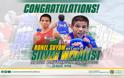 <p><strong>WORLD-CLASS BOXER.</strong> Ronel Suyom bags the silver medal in the 46-48-kilogram division of the 2022 Youth World Boxing Championships held in La Nucia, Spain from Nov. 14 to 26, 2022. Suyom is a native of Barangay Rosario, Las Nieves, Agusan del Norte. <em>(Photo courtesy of Las Nieves LGU)</em></p>