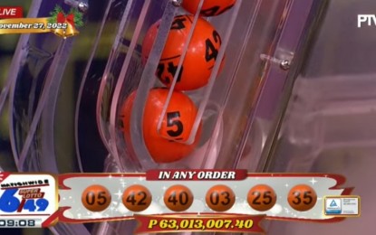 <p>The winning number combination of the Super Lotto 6/49 draw on Nov. 27, 2022. (Screengrab<em> from PTV)</em></p>