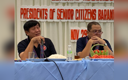 <p><strong>DIALOGUE.</strong> National Commission of Senior Citizens (NCSC) Chairperson and Chief Executive Officer Franklin Quijano (left), answers various concerns from senior citizens leaders in an open forum during the general assembly of the Federation of Senior Citizens Association of the Philippines chapters in Zamboanga City on Tuesday (Nov. 29, 2022). With Quijano is NCSC Commission for Mindanao Edwin Espejo.<em> (Contributed photo)</em></p>