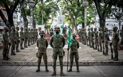 <p><strong>HERO'S COMMEMORATION</strong>. Troops under the Army’s 4th Infantry Division in formation at <em>El Pueblo a Sus</em> Heroes monument on Wednesday (Nov. 30, 2022) as Cagayan de Oro City commemorates the 159th birth anniversary of Philippine hero Andres Bonifacio. The city government also honored Kagay-anons who fought for the country's independence during the Filipino-American war. <em>(Photo courtesy of Rod Constantino/CIO) </em></p>