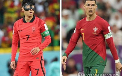 <p>This composite photo shows South Korea captain Son Heung-min (L) and Portugal captain Cristiano Ronaldo in action during the FIFA World Cup in Qatar. <em>(Yonhap)</em></p>