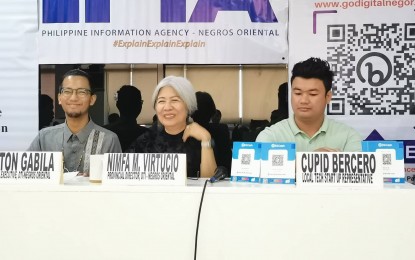 <p><strong>DIGITAL CHANGE</strong>. Department of Trade and Industry (DTI) - Negros Oriental officials, led by Director Nimfa Virtucio (center), urge micro, small, and medium enterprises (MSMEs) to adopt digital platforms to expand their businesses, during a “Kapihan sa PIA” forum on Thursday (Dec. 1, 2022). The DTI officials said many older generations have to be convinced of the benefits of digital technology. <em>(Photo by Judy Flores Partlow)</em></p>