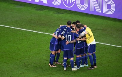 <p>Julian Alvarez (9) of Argentina celebrates with his teammates after scoring the second goal during the FIFA World Cup Qatar 2022 Group C match between Poland and Argentina at Stadium 974 on Nov. 30, 2022 in Doha, Qatar. <em>(Anadolu)</em></p>