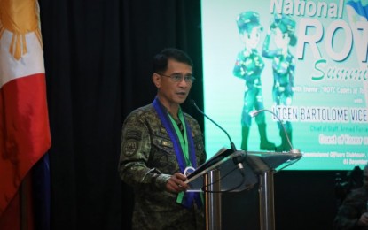 <p><strong>ROTC SUMMIT.</strong> Armed Forces of the Philippines (AFP) chief-of-staff Lt. Gen. Bartolome Vicente Bacarro speaks before the participants of the 2022 ROTC summit at Tejeros Hall, Camp Aguinaldo, Quezon City on Dec. 3, 2022. This year's theme is "ROTC Cadets of Today, Leaders of Tomorrow". <em>(Contributed photo)</em></p>