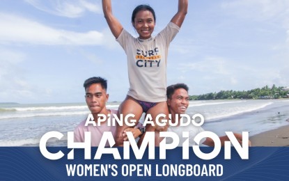 <p><strong>VICTORIOUS.</strong> Aping Agudo of Siargao Island in Surigao del Norte rules the Women’s Open Long Board Division of the Leg 3 of Pilipinas Surfing Nationals held from Nov. 26 to Dec. 3 in Baybay, Borongan City, Eastern Samar. Three other Siargao surfers: John Mark "Marama" Tokong, Toby Espejon, and Maria Gracialla Migullas also captured the top posts in their respective divisions during the tournament. (<em>Photo courtesy of United Philippine Surfing Association)</em></p>