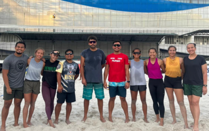 <p><strong>BEACH VOLLEYBALL.</strong> The national women’s team with Brazilian coach Joao Luciano Kiodai (5th from left) are deep in training at the Subic Bay Sand Court. They are (from left) strength and conditioning coach John Paulo Agir, Dij Rodriguez, Sisi Rondina, coach Paul Jan Doloiras, assistant coach Romnick Rico, Gen Eslapor, Bernadeth Pons, Jovelyn Gonzaga and team manager Rosemarie Molit-Prochina. <em>(Contributed photo)</em></p>
