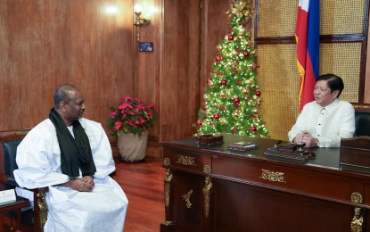 <p><strong>CLOSER TIES</strong> President Ferdinand R. Marcos Jr. (right) welcomes Mauritania Ambassador B.A. Samba Mamadou in a courtesy call at Malacañan Palace on Monday (Dec. 5, 2022). Marcos expressed optimism that the diplomatic ties will bring investment opportunities for both countries. <em>(Photo courtesy of the Office of the Press Secretary)</em></p>