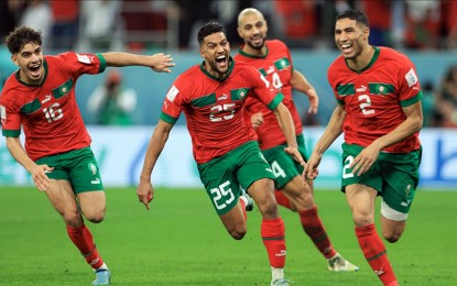 <p><strong>MOROCCO BEATS SPAIN  </strong>Morocco advances to the quarterfinals of the 2022 FIFA World Cup.  Morocco beat Spain 3-0 in the penalties during their Tuesday match (December 5, 2022).  (<em>Anadolu)</em></p>