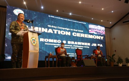 <p><strong>COMMITMENT.</strong> Army vice commander Maj. Gen. Adonis R. Bajao delivers his message during the Culmination Ceremony of the 18-Day Campaign to End Violence Against Women on Dec. 6, 2022 held at the Headquarters Philippine Army, Fort Bonifacio, Taguig City. Bajao said the Philippine Army (PA) is committed to eliminating violence against women. <em>(Photo from PA)</em>  </p>