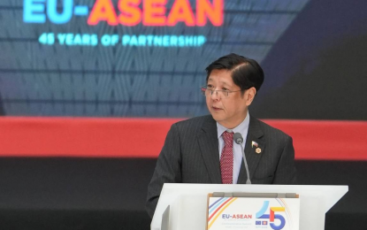 <p style="text-align: justify;"><strong>CLIMATE CHANGE.</strong> President Ferdinand R. Marcos Jr. delivers his speech at the Association of Southeast Asian Nations-European Union (ASEAN-EU) Commemorative Summit in Brussels, Belgium on Wednesday (Dec. 14, 2022). Marcos urged EU member states to continue extending support to the ASEAN Centre for Biodiversity (ACB), citing how Southeast Asia is globally considered one of the most vulnerable regions to climate change.<em> (Photo courtesy of Malacañang)</em></p>