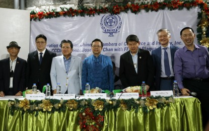 <p><strong>PANDESAL FORUM</strong>. Chinese Ambassador to the Philippines Huang Xilian (center) is joined by (from left to right) Association for Philippine-China Understanding Executive Vice President Peter Lavina, Chinese Embassy Counsellor Ji Lingpeng, Federation of Filipino Chinese Chambers of Commerce and Industry, Inc. (FFCCCII) Vice President Cecilio Pedro, FFCCCII President Henry Lim Bon Liong, FFCCCII VP Jeffrey Ng, and FFCCCII Public Information Committee Chairman Wilson Lee Flores during the "Pandesal Forum" in Quezon City on Wednesday (Dec. 14, 2022). During the forum, singer and songwriter Jose Mari Chan was honored with the FFCCCII Lifetime Achievement Award. <em>(PNA photo by Joey O. Razon)</em></p>