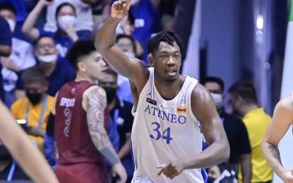 <p><strong>SUDDEN DEATH</strong>. Ange Kouame leads Ateneo to a decisive 65-55 Game 2 win against the University of the Philippines at the Smart Araneta Coliseum on Wednesday night (Dec. 14, 2022). The victory also sent the finals to a sudden death. (Photo courtesy of UAAP Season 85 Media Team)</p>