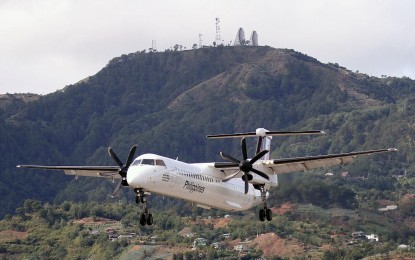<p><strong>MAIDEN FLIGHT.</strong> PAL Express PR C5903 arrives at Loakan Airport in Baguio City at 10:29 a.m. Friday, December 16, 2022. The arrival of the De Havilland Dash 8 Series 400 Next Generation aircraft, which left Mactan International Airport at 8:50 a.m., marks the start of a four-times-a-week direct flight from Cebu to Baguio and Baguio to Cebu that will link two of the Philippines' key tourist and business destinations. <em>(Photo courtesy of JJ Landingin)</em></p>
