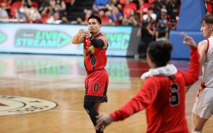 <p style="text-align: left;"><strong>NO SWEEP</strong>. Simon Enciso celebrates after scoring a game-winner as San Miguel defeated Bay Area, 98-96, in the best-of-five semifinals of the PBA Commissioner’s Cup at the Philsports Arena in Pasig City on Sunday (Dec. 18, 2022). With their win, the Beermen avoided being swept by the Bay Area.<em> (Photo courtesy of PBA Images)</em></p>