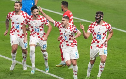 <p>Players of Croatia celebrate after scoring a goal during the FIFA World Cup Qatar 2022 3rd Place match between Croatia and Morocco at Khalifa International Stadium on Dec.17, 2022 in Doha, Qatar. <em>(Fareed Kotb-Anadolu Agency)</em></p>