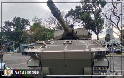 <p><strong>LIGHT TANK.</strong> The Philippine Army Armor Division's first Sabrah light tank is displayed during the 87th anniversary celebration of the AFP at Camp Aguinaldo, Quezon City on Monday (Dec. 19, 2022). The Armor Division is expected to receive 20 new Sabrah light tanks from Israeli defense manufacturer Elbit Systems Land and 10 Pandur II wheeled armored vehicles from Steyr-Daimler-Puch between 2023 to 2024. <em>(Photo courtesy of PA Armor Division)</em></p>
