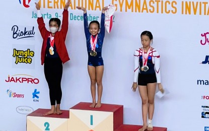 <p><strong>TOP GYMNAST</strong>. Tchelzy Maayo from the Philippines (center) wins five medals at the 8th International Gymnastics Invitational held from Dec. 9 to 11 in Jakarta, Indonesia. She topped the floor exercise, vault, uneven bars, beam and individual all-around events. <em>(Contributed photo)</em></p>