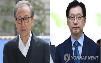 <p>Former President Lee Myung-bak (L) and former South Gyeongsang Province Gov. Kim Kyoung-soo (Yonhap)</p>